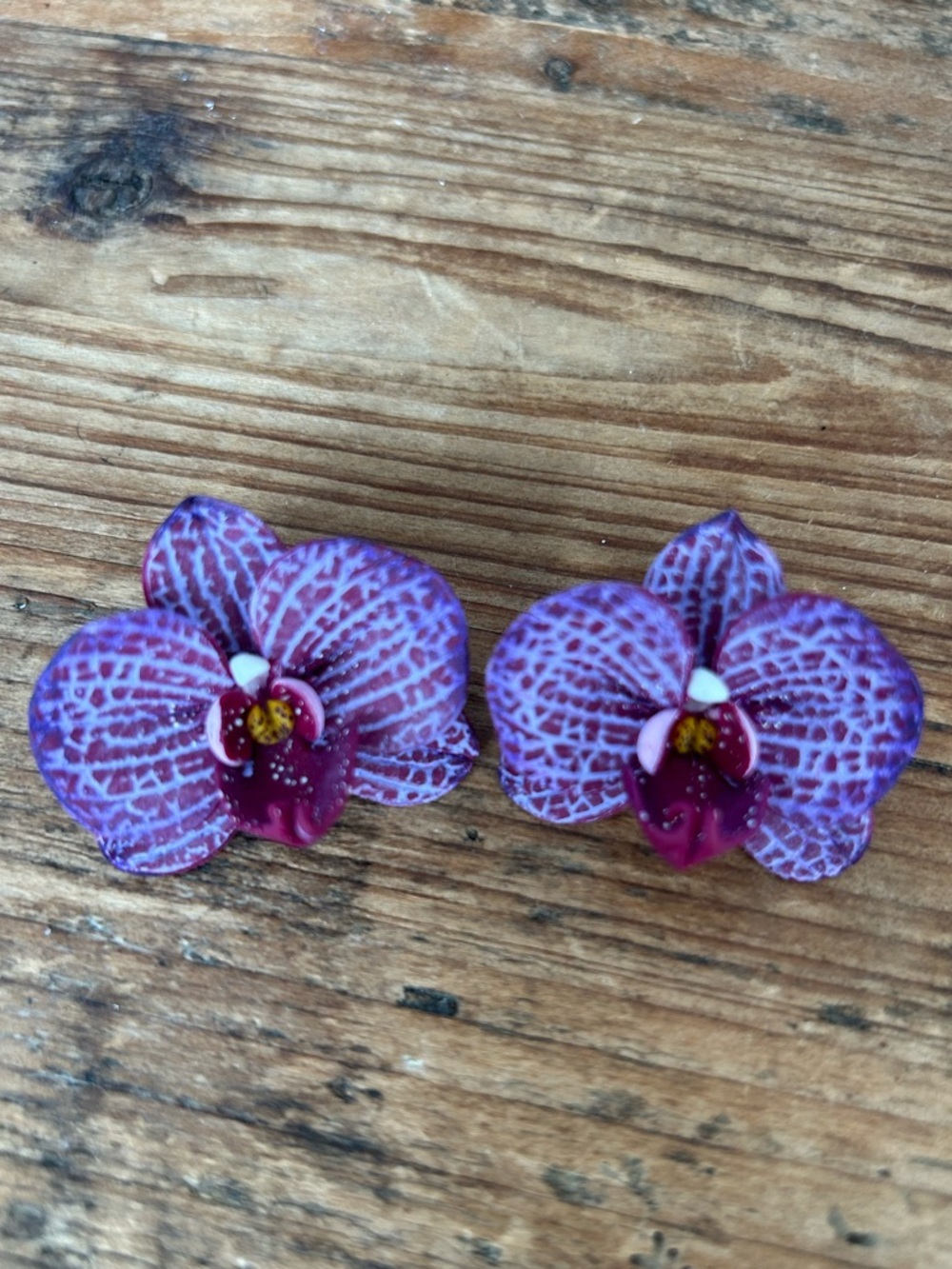 Polymer Clay Burgundy Orchid Earrings – Purple Streaks, French Hook